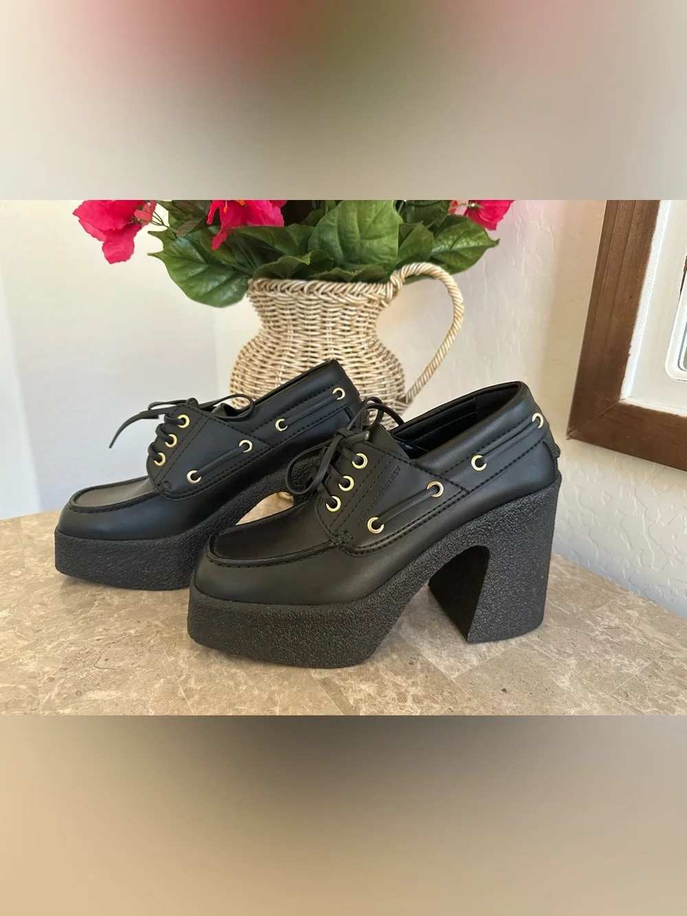 Stella McCartney Black Platform Lace-Up Shoes with Gold Eyelets Size EU 38/ US 8
